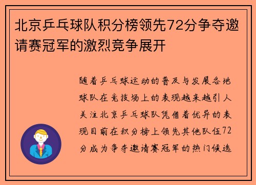 北京乒乓球队积分榜领先72分争夺邀请赛冠军的激烈竞争展开